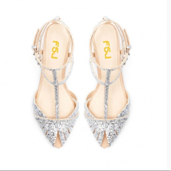 FSJ Shoes - Sliver Glitter Wedding T Strap for Bridesmaid Flat
